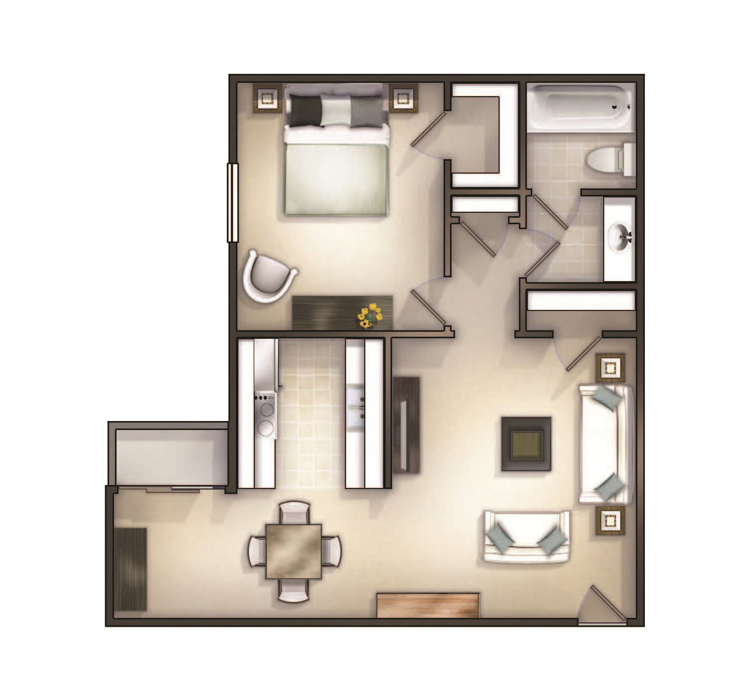 Floor plan for 1 bed, 1 bath, 825 sqft